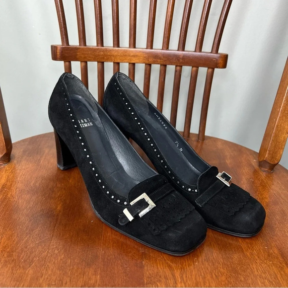 Stuart Weitzman Black Suede Pumps Chunky Block Heel Fringe Loafer sz 7.5 90s - Picture 1 of 10